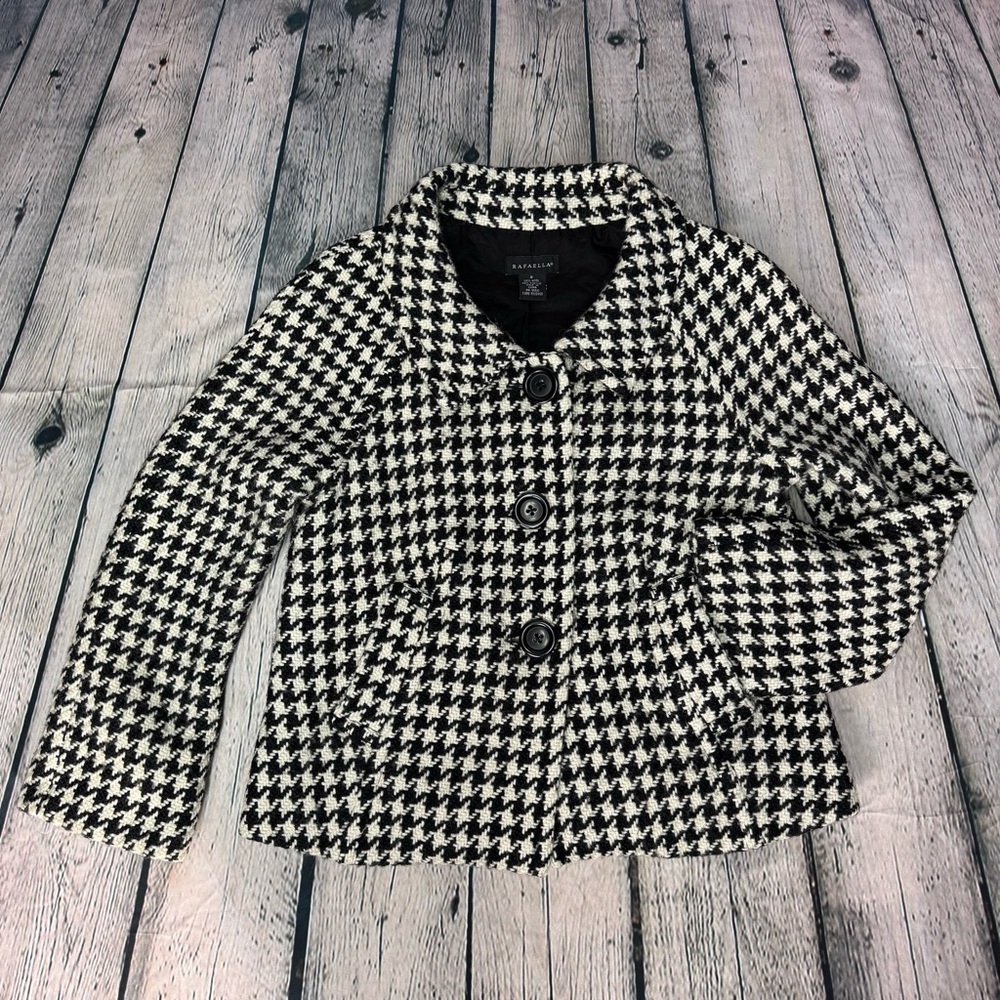 Rafaella Y2K Black White Wool Houndstooth Tweed Blazer Peter Pan Collar Size 8